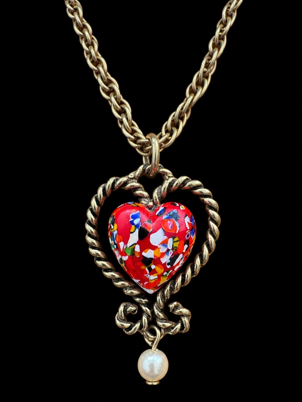 Vintage Sarah Coventry Millefiori Twin Hearts Pendant Necklace 20” gold tone